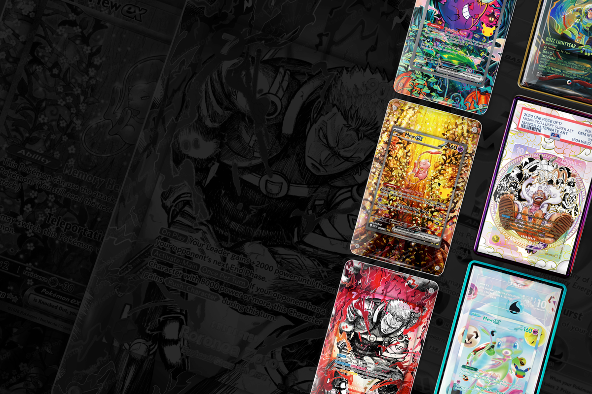 Cards collection in extended art display cases showing Pokemon TCG Mew, Gengar, One Piece Zoro, Luffy, and other TCGs
